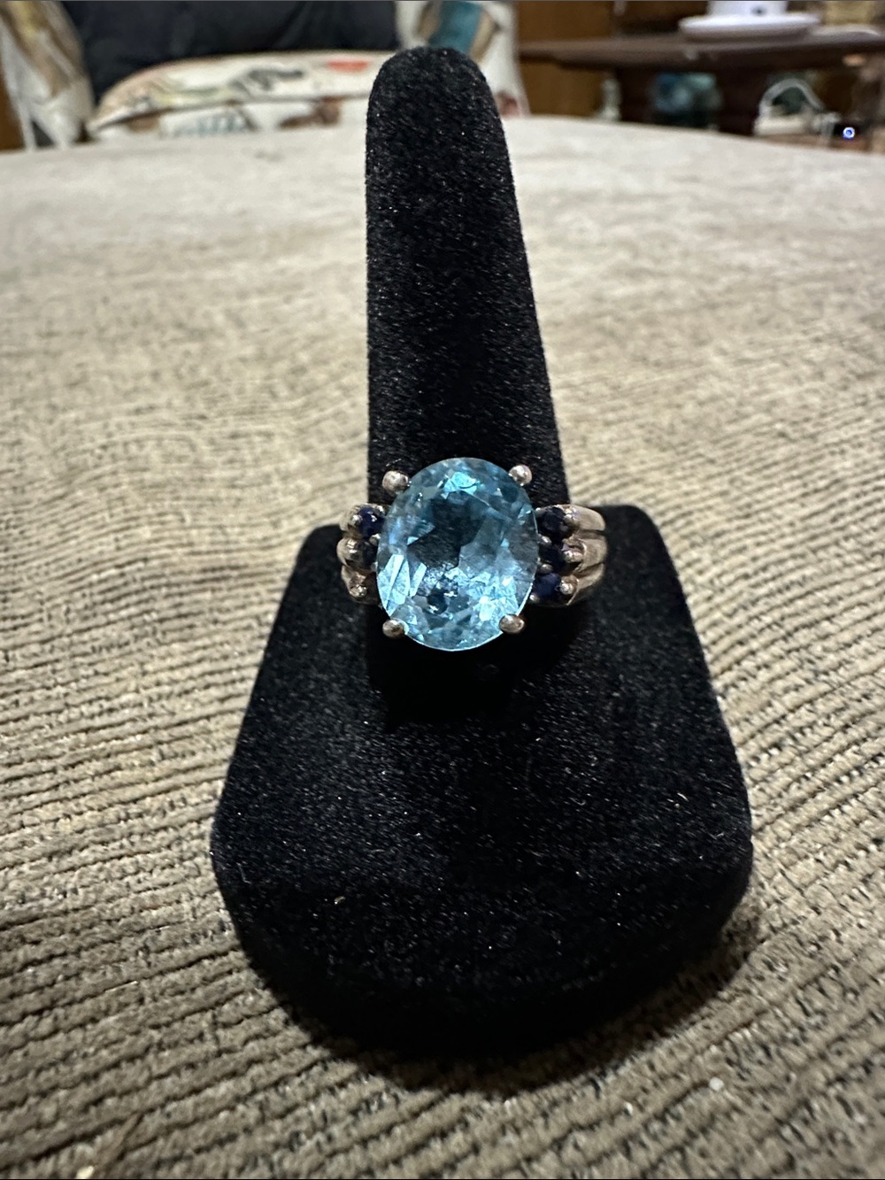 Vintage 925 Sterling Silver Blue Topaz Tone Filigree Cocktail Ring Sz 6-1/2 to 7